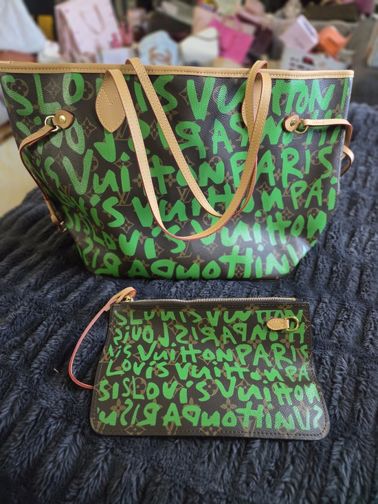 None Handbags - Green Graffiti Neverfull Tote Bag With Pouch